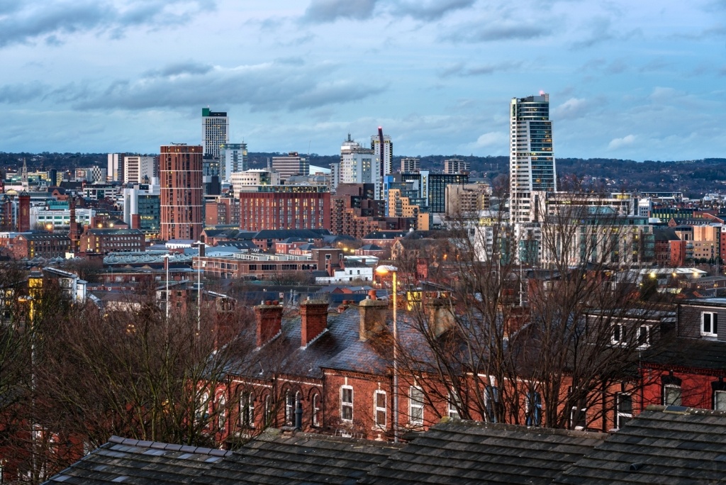 View of Skyscrapers Houses and Leeds city Under a Cloudy Sky