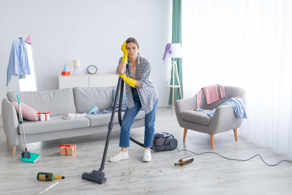 Unhappy young woman stood with a vacuum cleaner in a messy flat after a party