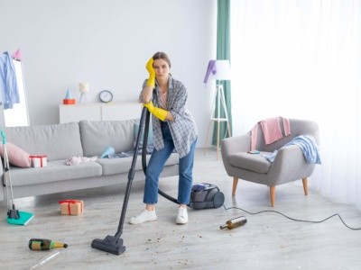 Unhappy young woman stood with a vacuum cleaner in a messy flat after a party