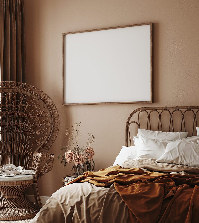 Home interior with ethnic boho decoration, bedroom in brown warm color,