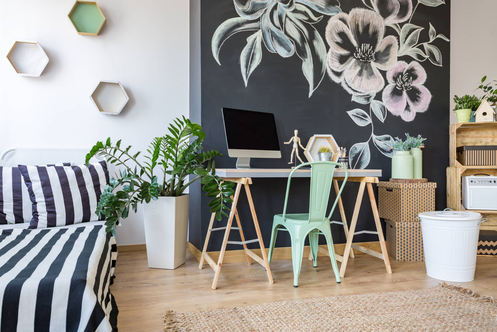 A modern study space in a student bedroom.