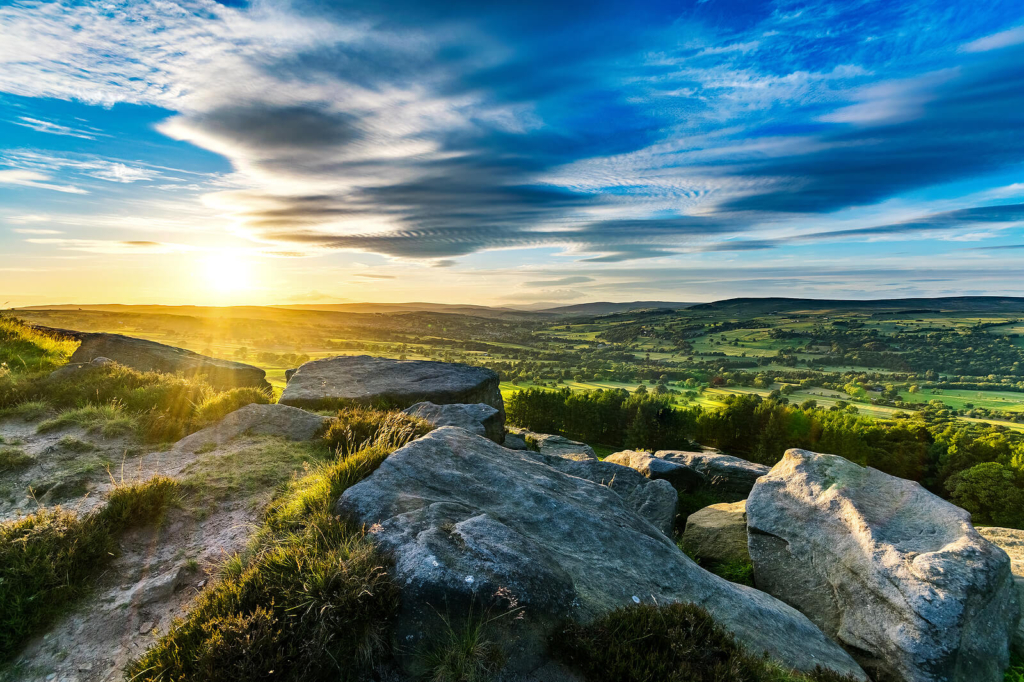 A sunset over the rocks at Rombalds Moor in Yorkshire.
