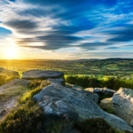 A sunset over the rocks at Rombalds Moor in Yorkshire.