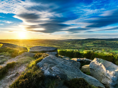 A sunset over the rocks at Rombalds Moor in Yorkshire.