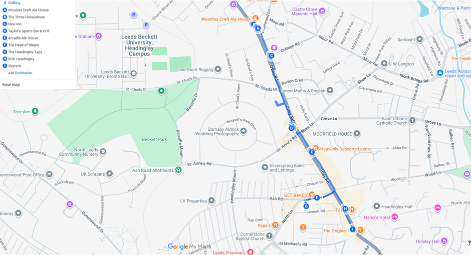 A map of the first half of the Otley Run, Leeds