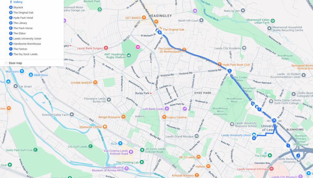 A map of the second half of the Otley Run, Leeds