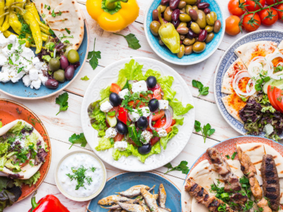 Greek food dishes on a table